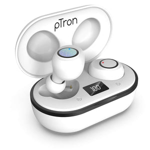 pTron Bassbuds Jets True Wireless Bluetooth 5.0 Headphones, Hi-Fi Audio, Deep Bass, Touch Control Earbuds, IPX4 Sweat/Splash Resistant, Voice Assistant, Built-in Mic & Digital Display Case - (White)