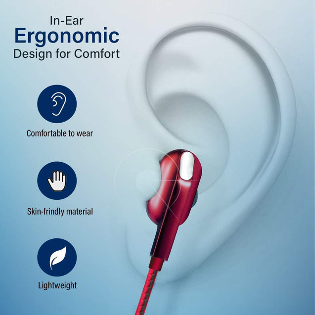 pTron Boom Lite in-Ear Wired Earphones with Stereo Sound, Dual Drivers, Ergonomic & Secure-fit, 1.2M Tangle-Free Braided Cable, Gold-Plated 3.5mm Audio Jack, in-line Mic & Volume Control - (Red)