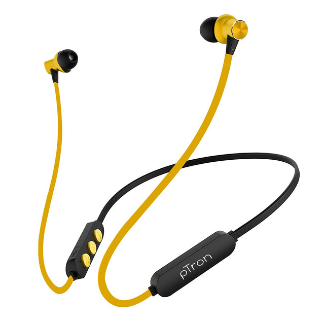 pTron Bassfest Plus Magnetic In-Ear Bluetooth 5.0 Wireless Headphones, Stereo Sound with Bass, IPX4 Water & Sweat Resistant, Voice Assistance, Ergonomic & Lightweight, Built-in Mic - (Black & Yellow)