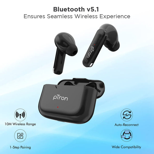 pTron Bassbuds Duo New Bluetooth 5.1 Wireless Headphones with Stereo Audio, Passive Noise Cancellation & Voice Assistant (Black)