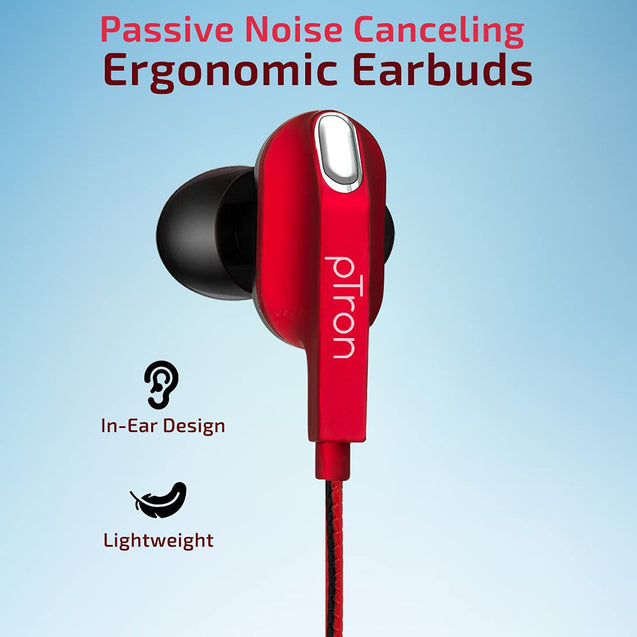 pTron Boom Lite in Ear Wired Earphones with Stereo Sound, Dual Drivers, Ergonomic & Secure-fit, 1.2M Tangle-Free Braided Cable, Gold-Plated 3.5mm Audio Jack, with Mic & Volume Control (Red)