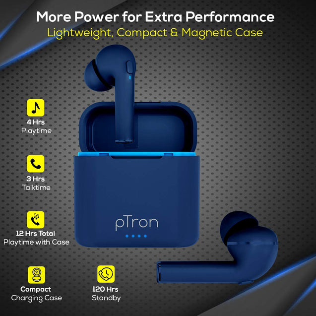 pTron Bassbuds Vista In-Ear True Wireless Bluetooth 5.1 Headphones with Free 5W Wireless Charger, Deep Bass, IPX4 Water/Sweat Resistant, Passive Noise Cancelling Earphones with Built-in HD Mic- (Blue)