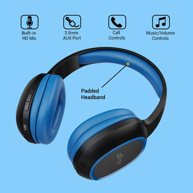 pTron Studio Over-Ear Bluetooth 5.0 Wireless Headphones, Hi-Fi Sound with Deep Bass, 12Hrs Playback, Ergonomic & Lightweight Wireless Headset, Soft Cushions Earpads, Aux Port & Mic - (Blue)