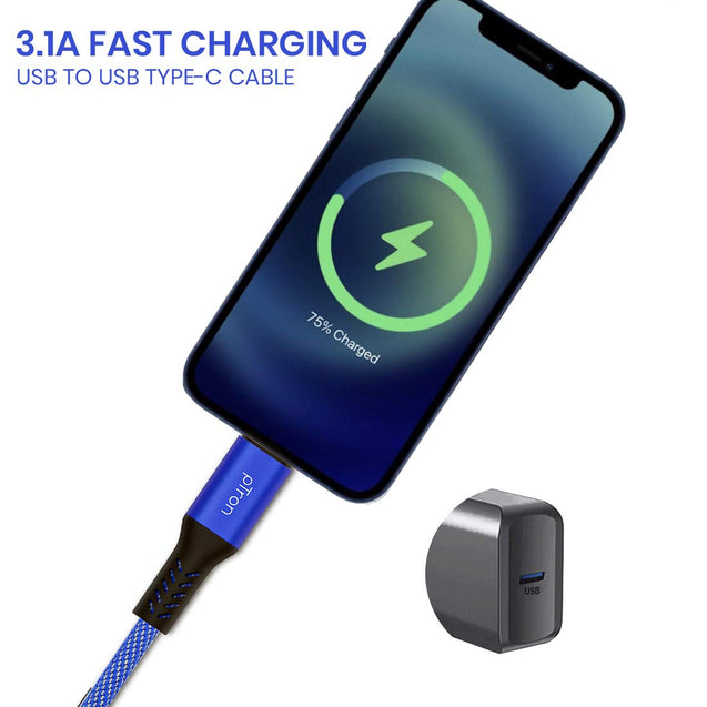 pTron Solero 3.1A USB Type-C to USB-A 2.0 USB Fast Charging Cable, 480Mbps Data Sync, Strong & Durable 1-Meter Long USB Cable for Type-C Devices - (Blue)