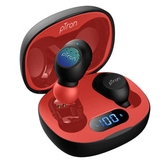 pTron Bassbuds Pro (New) True Wireless Bluetooth 5.1 Headphones with Deep Bass, Touch Control Earbuds, IPX4 Water/Sweat Resistance, Digital Display Case, Earphones with Built-in Mic - (Black & Red)