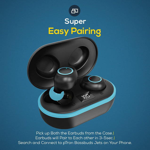 PTron Bassbuds Jets Bluetooth Truly Wireless In-Ear Headphone With Mic (Black and Blue)