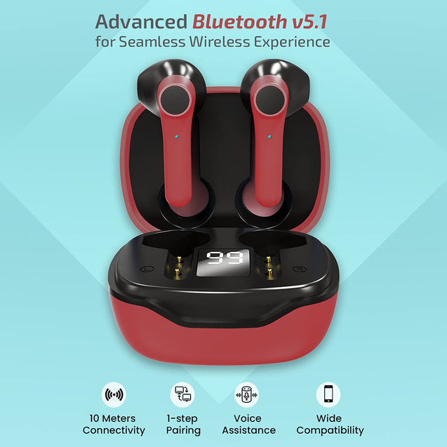 pTron Basspods 281 In-Ear True Wireless Stereo Bluetooth Earbuds (Black & Red)