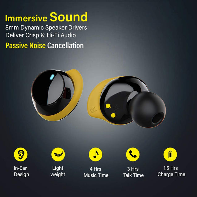 pTron Bassbuds Elite True Wireless Headphones (TWS), Bluetooth 5.0, Hi-Fi Sound with Bass, Auto Pairing, Passive Noise Cancellation, Voice Assistance, 12Hrs Playtime with Case & Mic - (Black & Yellow)