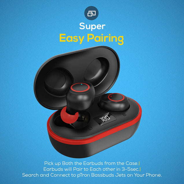 PTron Bassbuds Jets Bluetooth Truly Wireless In-Ear Headphone With Mic (Black and Red)