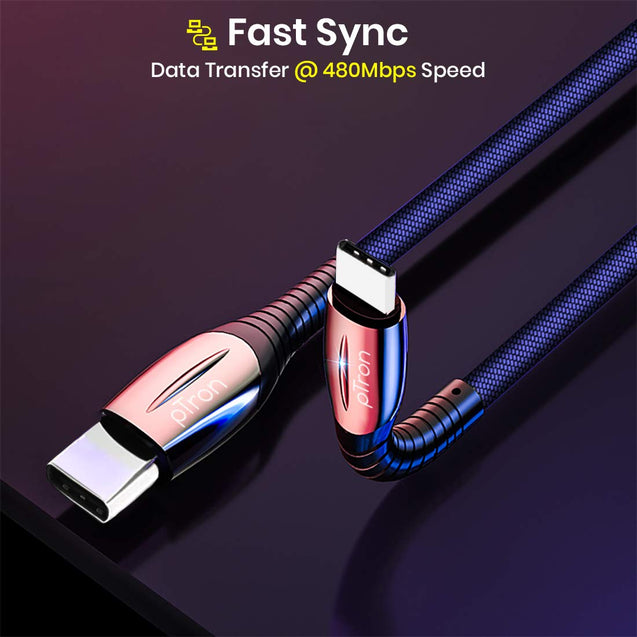 pTron Solero Plus 5.1A Superfast USB Type-C to USB Type-C Charging Cable, 480Mbps Data Sync, Strong & Durable 1.2 Meter Long USB Cable for Type-C Devices - (Blue)