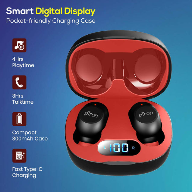 pTron Bassbuds Pro (New) True Wireless Bluetooth 5.1 Headphones with Deep Bass, Touch Control Earbuds, IPX4 Water/Sweat Resistance, Digital Display Case, Earphones with Built-in Mic - (Black & Red)