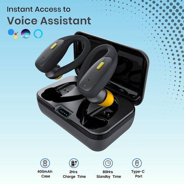 pTron Bassbuds Sports True Wireless Bluetooth 5.1 Headphones with Deep Bass, 32Hrs Total Playtime, Ergonomic Hook Design & IPX4 Water/Sweat Resistant Earphones with Built-in HD Mic (Black & Yellow)