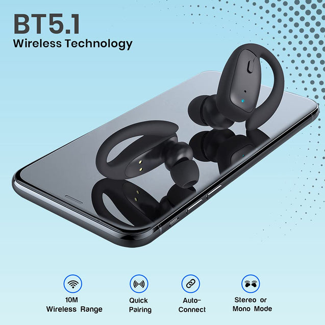 pTron Bassbuds Sports True Wireless Bluetooth 5.1 Headphones with Deep Bass, 32Hrs Total Playtime, Ergonomic Hook Design & IPX4 Water/Sweat Resistant Earphones with Built-in HD Mic (Black)