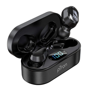 pTron Bassbuds Plus In-Ear True Wireless Bluetooth 5.0 Headphones with Deep Bass, IPX4 Water/Sweat Resistant, Snug-fit Passive Noise Canceling Earbuds, Digital Display Case & Built-in HD Mic - (Black)