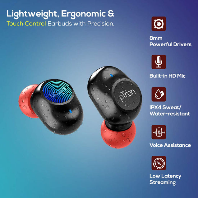 pTron Bassbuds Pro (New) True Wireless Bluetooth 5.1 Headphones with Deep Bass, Touch Control Earbuds, IPX4 Water/Sweat Resistance, Digital Display Case, Earphones with Built-in Mic - (Black & Red)