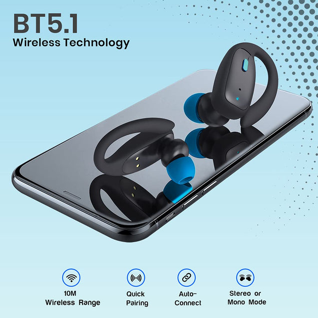 pTron Bassbuds Sports True Wireless Bluetooth 5.1 Headphones with Deep Bass, 32Hrs Total Playtime, Ergonomic Hook Design & IPX4 Water/Sweat Resistant Earphones with Built-in HD Mic (Black & Blue)