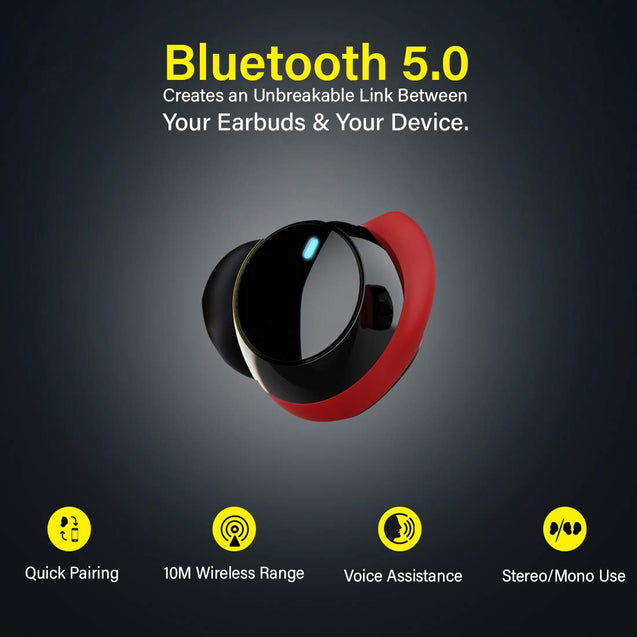 pTron Bassbuds Elite True Wireless Headphones (TWS), Bluetooth 5.0, Hi-Fi Sound with Bass, Passive Noise Cancellation & Mic - (Black & Red)