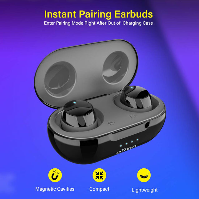 pTron Bassbuds Elite True Wireless Headphones (TWS), Bluetooth 5.0, Hi-Fi Sound with Bass, Ergonomic Earbuds, Auto Pairing, Passive Noise Cancellation, Voice Assistance & Built-in Mic - (Black & Grey)