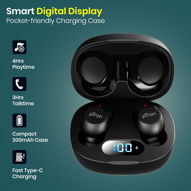 pTron Bassbuds Pro (New) in-Ear True Wireless Bluetooth 5.1 Headphones with Deep Bass, Touch Control Earbuds, IPX4 Water/Sweat Resistance, Digital Display Case, Earphones with Built-in Mic - (Black)