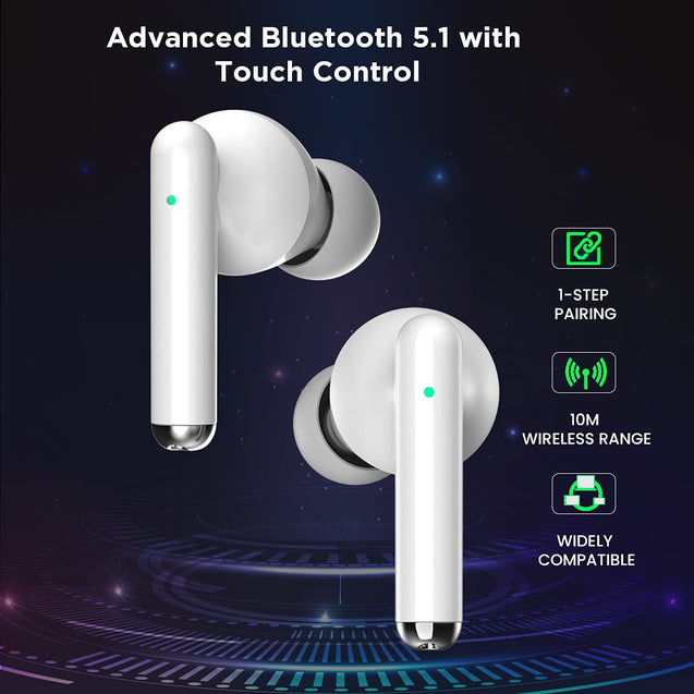 pTron Bassbuds Pixel True Wireless Bluetooth 5.1 Headphones,Deep Bass, Touch Control, Passive Noise Cancellation, Dual HD Mic (White)