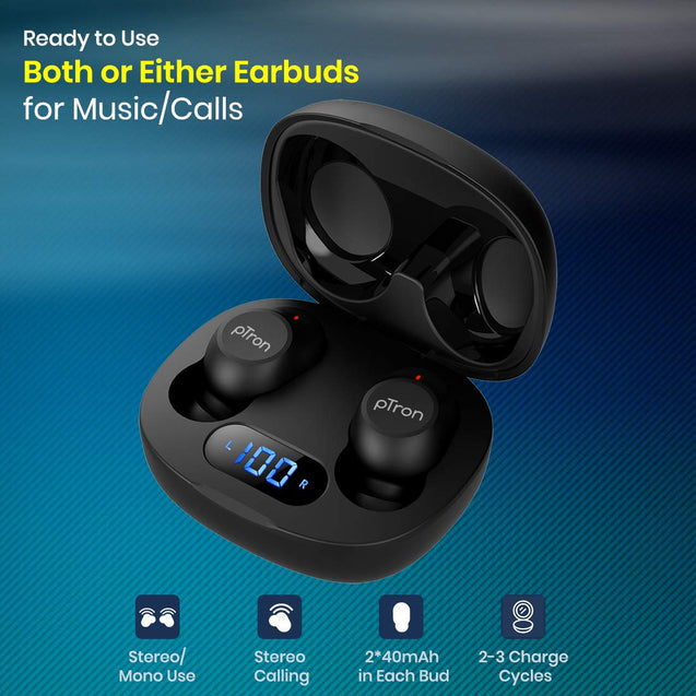 pTron Bassbuds Pro (New) in-Ear True Wireless Bluetooth 5.1 Headphones with Deep Bass, Touch Control Earbuds, IPX4 Water/Sweat Resistance, Digital Display Case, Earphones with Built-in Mic - (Black)