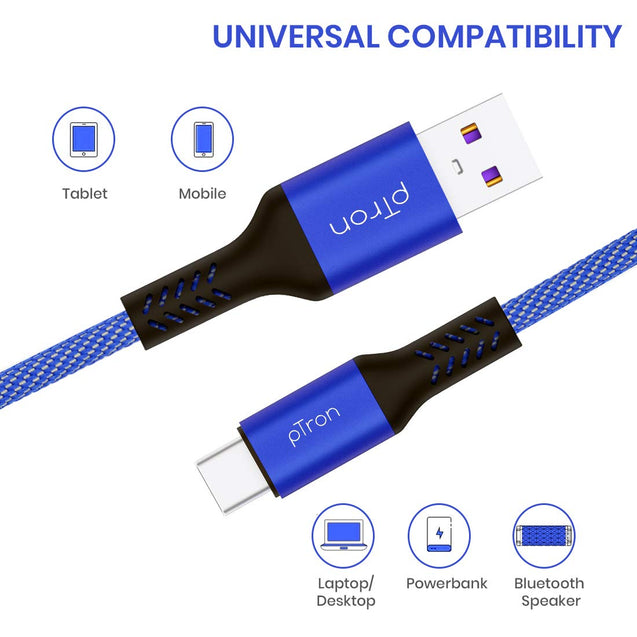 pTron Solero 3.1A USB Type-C to USB-A 2.0 USB Fast Charging Cable, 480Mbps Data Sync, Strong & Durable 1-Meter Long USB Cable for Type-C Devices - (Blue)