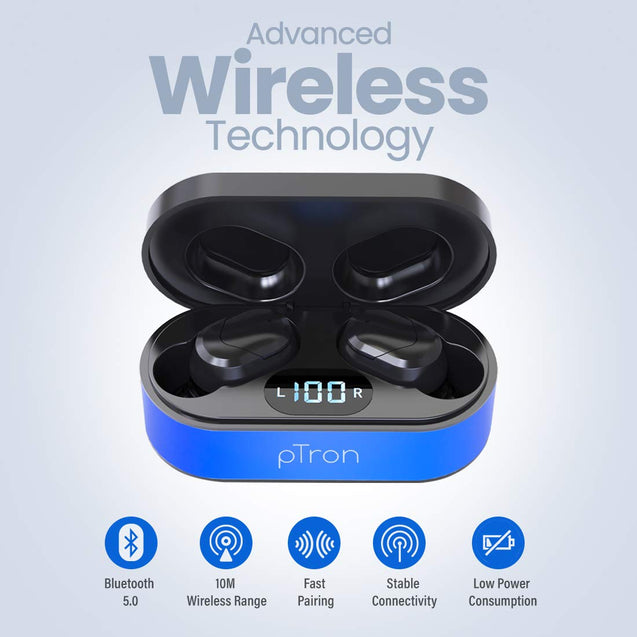 pTron Bassbuds Plus In-Ear True Wireless Stereo Headphones (TWS) with Mic - (Blue & Black)
