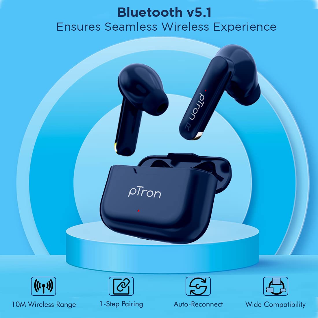pTron Bassbuds Duo New Bluetooth 5.1 Wireless Headphone with Stereo Audio, Touch Control TWS, Dual HD Mic, Type-C Fast Charging, IPX4 Water-Resistant, Passive Noise Cancelling & Voice Assistant (Blue)