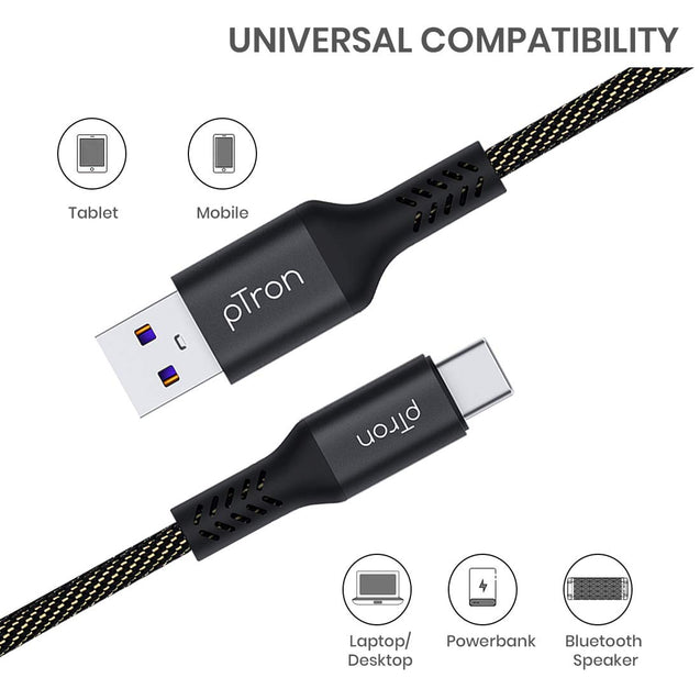 pTron Solero 3.1A USB Type-C to USB-A 2.0 USB Fast Charging Cable, 480Mbps Data Sync, Strong & Durable 1-Meter Long USB Cable for Type-C Devices - (Black)