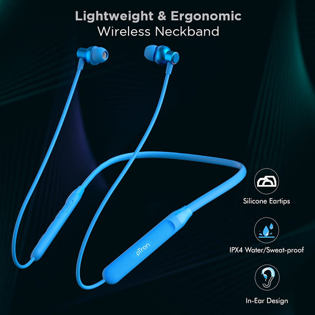 pTron Tangent Evo with 14Hrs Playback, Bluetooth 5.0 Wireless Headphones with Deep Bass, IPX4 Water Resistance, Ergonomic & Snug-fit, Voice Assistance, Magnetic Earbuds & Built-in HD Mic (Blue)