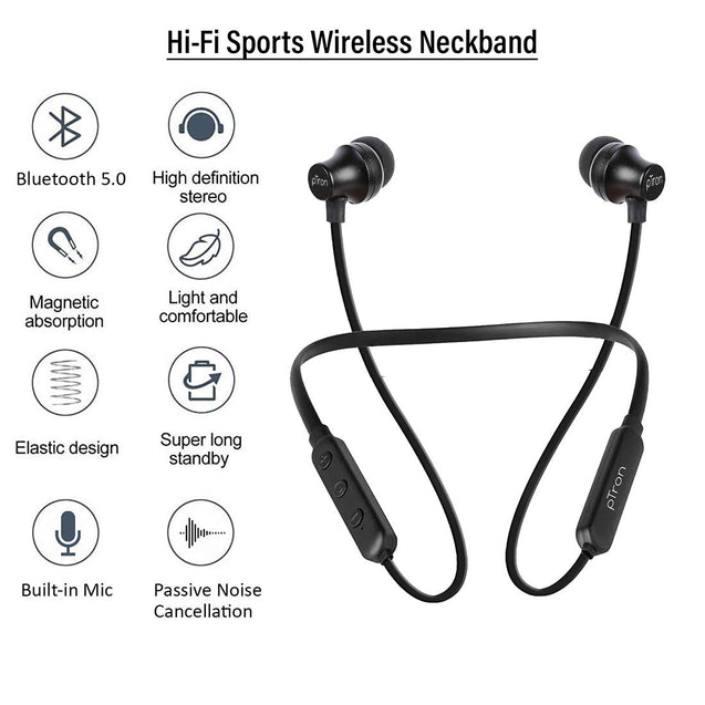 pTron Tangent Lite Bluetooth 5.0 Wireless Headphones with Hi-Fi Stereo Sound Magnetic Earbuds, Voice Assistant & Mic - (Black)