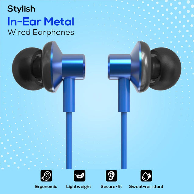 pTron Pride Lite HBE (High Bass Earphones) in-Ear Wired Headphones with in-line Mic, 10mm Powerful Driver for Stereo Audio, Noise Cancelling Headset with 1.2m Tangle-Free Cable & 3.5mm Aux - (Blue)