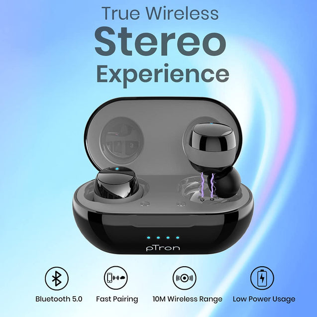 pTron Basspods 581 In-Ear True Wireless Bluetooth 5.0 Headphones with Deep Bass, Ergonomic Earbuds, Auto Pairing, Passive Noise Cancellation, Voice Assistance & Built-in HD Mic - (Black & Gray)