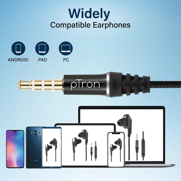 pTron Boom Lite in-Ear Wired Earphones with Stereo Sound, Dual Drivers, Ergonomic & Secure-fit, 1.2M Tangle-Free Braided Cable, Gold-Plated 3.5mm Audio Jack, in-line Mic & Volume Control - (Blue)