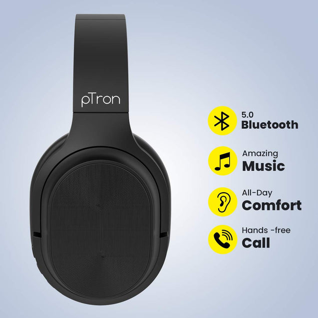 pTron Studio Classic Over Ear Wireless Headphones, Bluetooth 5.0, Hi-Fi Sound with Bass, 20Hrs Playback, Ergonomic & Foldable Wireless Headset, Soft Cushions, TF Card Slot & Aux Port - (Black)
