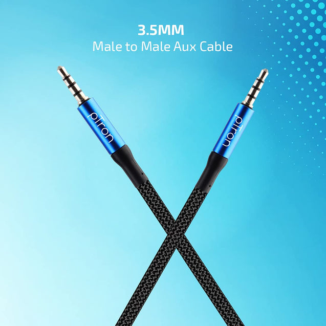 pTron Solero A11 3.5mm Male to Male Aux Cable, 1.5M Long Stereo Audio Cable with Mic Support, Metal Shell, Silver-Plated Connectors & Strong Nylon Braided Cable (Blue & Black)