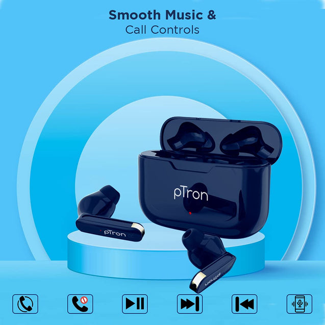 pTron Bassbuds Duo New Bluetooth 5.1 Wireless Headphone with Stereo Audio, Touch Control TWS, Dual HD Mic, Type-C Fast Charging, IPX4 Water-Resistant, Passive Noise Cancelling & Voice Assistant (Blue)
