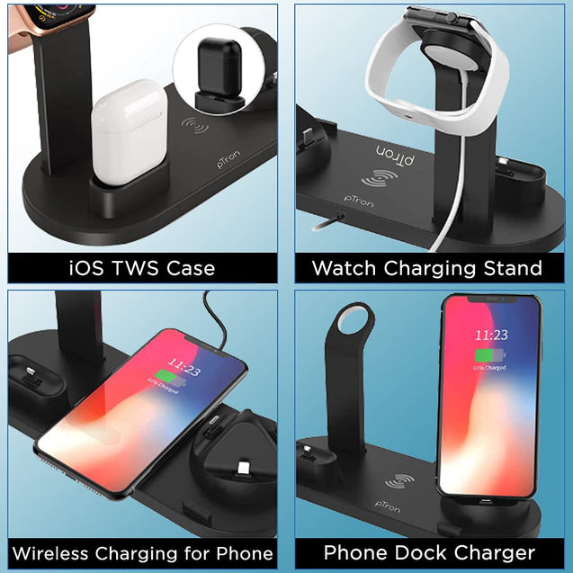 pTron Bullet WX4 3 in 1 Multi-Function Charging Stand for iOS Devices, 10W Qi Wireless Charging, 360° Rotatable Charging Dock for Micro USB/Type-C/iOS Smartphones (Black)