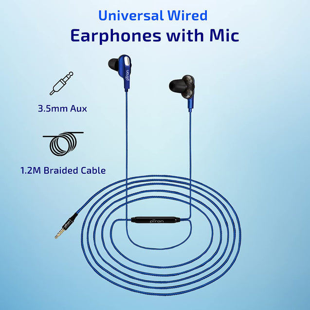 pTron Boom Lite in Ear Wired Earphones with Stereo Sound, Dual Drivers, Ergonomic & Secure-fit, 1.2M Tangle-Free Braided Cable, Gold-Plated 3.5mm Audio Jack, with Mic & Volume Control (Blue)