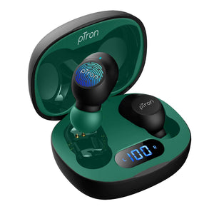 pTron Bassbuds Pro (New) True Wireless Bluetooth 5.1 Headphones with Deep Bass, Touch Control Earbuds, IPX4 Water/Sweat Resistance, Digital Display Case, Earphones with Built-in Mic - (Black & Green)