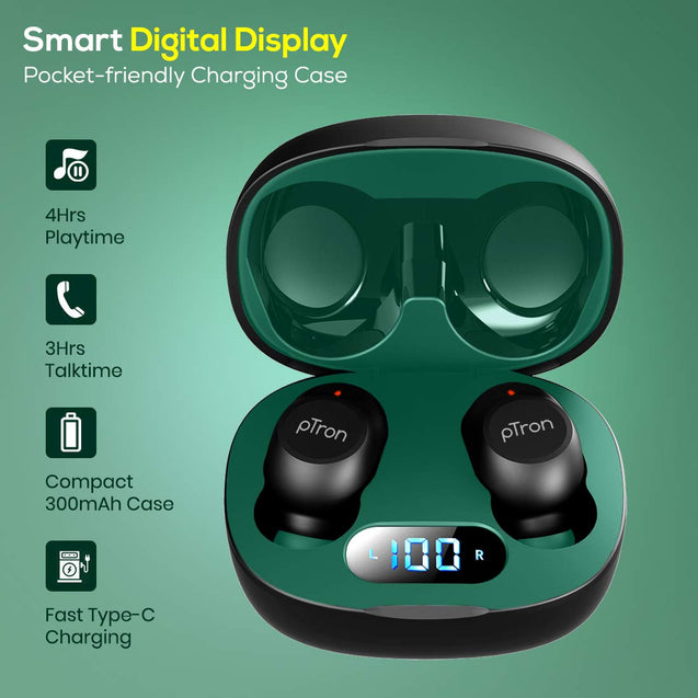 pTron Bassbuds Pro (New) True Wireless Bluetooth 5.1 Headphones with Deep Bass, Touch Control Earbuds, IPX4 Water/Sweat Resistance, Digital Display Case, Earphones with Built-in Mic - (Black & Green)