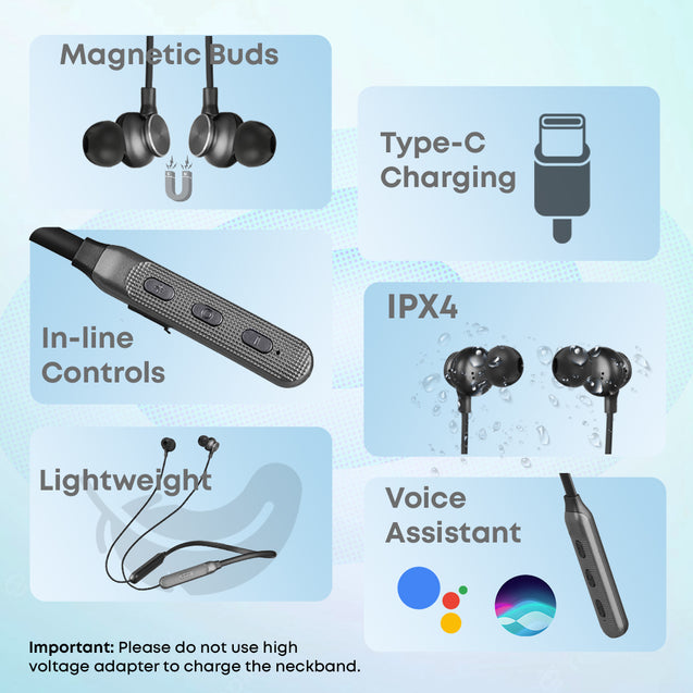 pTron InTunes Classic Bluetooth 5.2 Wireless in-Ear Headphones with Mic, 24Hrs Playback, 13mm Drivers, Punchy Bass, Fast Charging Neckband, Voice Assist, IPX4 & in-line Controls (Black/Grey)