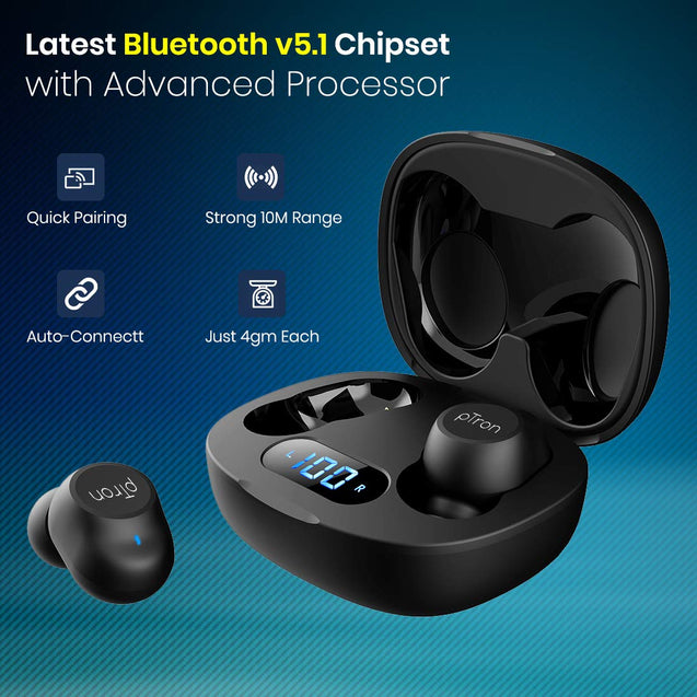 pTron Bassbuds Pro (New) in-Ear True Wireless Bluetooth 5.1 Headphones with Deep Bass, Touch Control Earbuds, IPX4 Water/Sweat Resistance, Digital Display Case, Earphones with Built-in Mic - (Black)