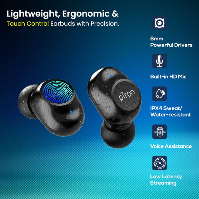 pTron Bassbuds Pro (New) in-Ear True Wireless Bluetooth 5.1 Headphones with Deep Bass, Touch Control Earbuds, IPX4 Water/Sweat Resistance, Digital Display Case, Earphones with Built-in Mic - (Black)