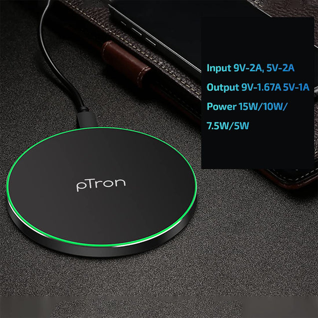 pTron Bullet Wireless WX21 15W Fast Charging Pad with 3A Type-C 1.2 Meter Cable, Compatible with Wireless Charging Enabled Smartphones (Black)