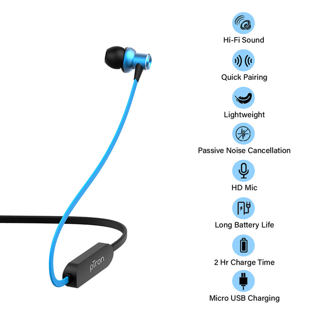 pTron Avento Classic Bluetooth 5.0 Wireless Earphones with Deep Bass & Voice Assistance (Black/Blue)