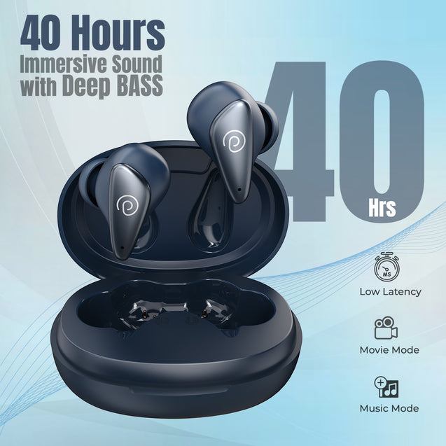 pTron Bassbuds Verse ENC Bluetooth 5.3 Wireless Headphones, 40Hrs Total Playtime, Movie Mode & Deep Bass, Low Latency in-Ear TWS Earbuds, Stereo Calls, Smooth Touch Control & Type-C Charging (Blue)