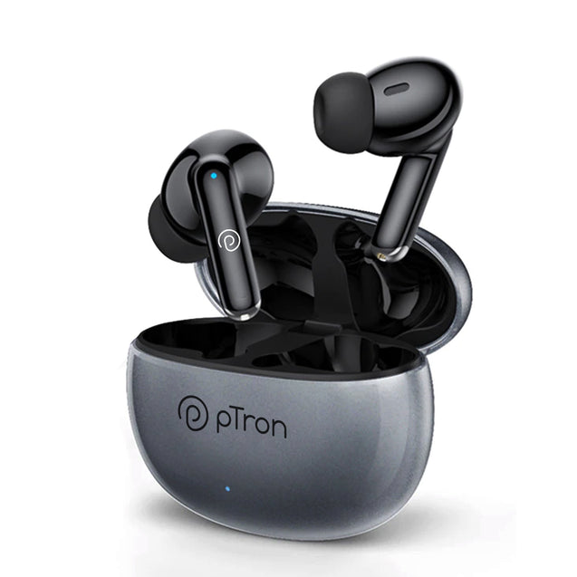 pTron Basspods Glamor TWS Earbuds with Mic, ENC, 13mm Driver, Immersive Sound, BT 5.3 Headphones, Quick Pairing, Touch Control, Fast Charging & 30Hrs Playtime, IPX4 & Voice Assist (Grey/Black)