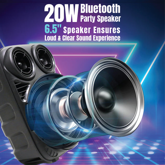 pTron Fusion Stage 20W Bluetooth Wireless Party Speaker with Wired Karaoke Mic, 20Hrs Playtime, Immersive Sound, BT V5.2, 3.5mm AUX, USB, Micro SD Card Slot & Integrated Controls (Black)