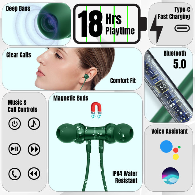 pTron InTunes Magic In-Ear Wireless Bluetooth Headphones with Mic (Green)